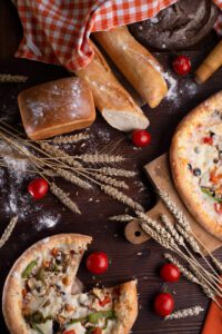 high angle view pizza table